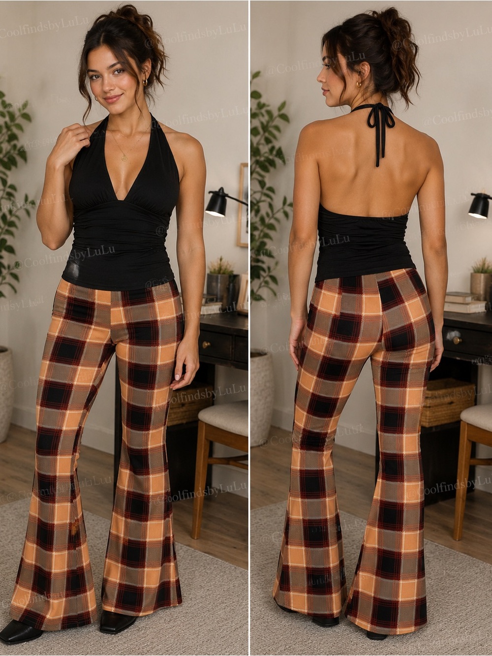 Planet Gold BELK Macchiato Plaid Rib Flared Pants
Size: XL